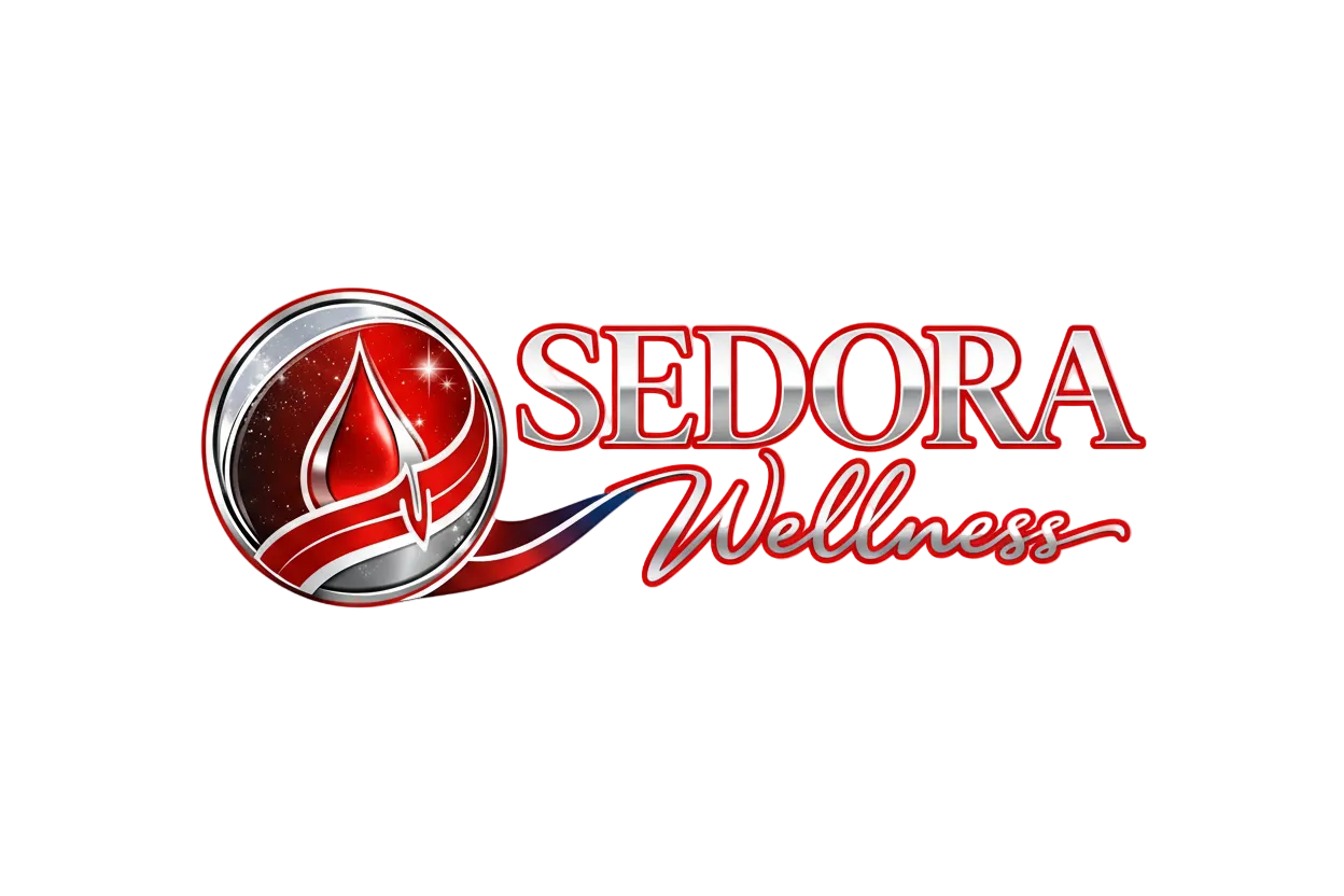 Sedora Wellness logo with a red and silver design on a white background