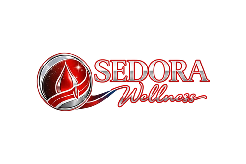 Sedora Wellness logo with a red and silver design on a white background